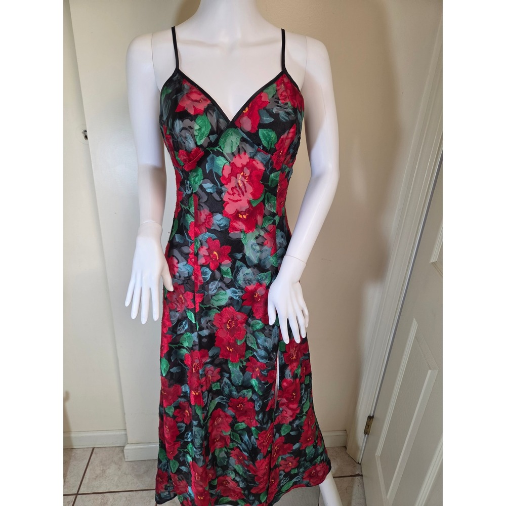 Vintage 1980S Victorias Secret Gold Label Red Floral Burnout Maxi Slip Dress M - Picture 1 of 12